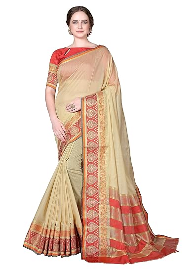 Cotton Shopy Womens Kanjivaram Silk Cotton Blend Sarees with Blouse Piece (Cott-2021_Beige)