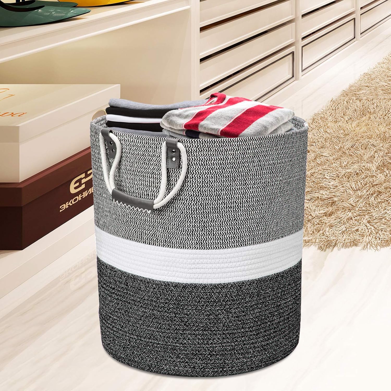 17x17x19 Inches Large Cotton Rope Basket, Storage Basket, Woven Laundry Hamper, Toy Storage Bin, Nursery Storage Basket, Baby Bin Organizer, White & Black: Home & Kitchen