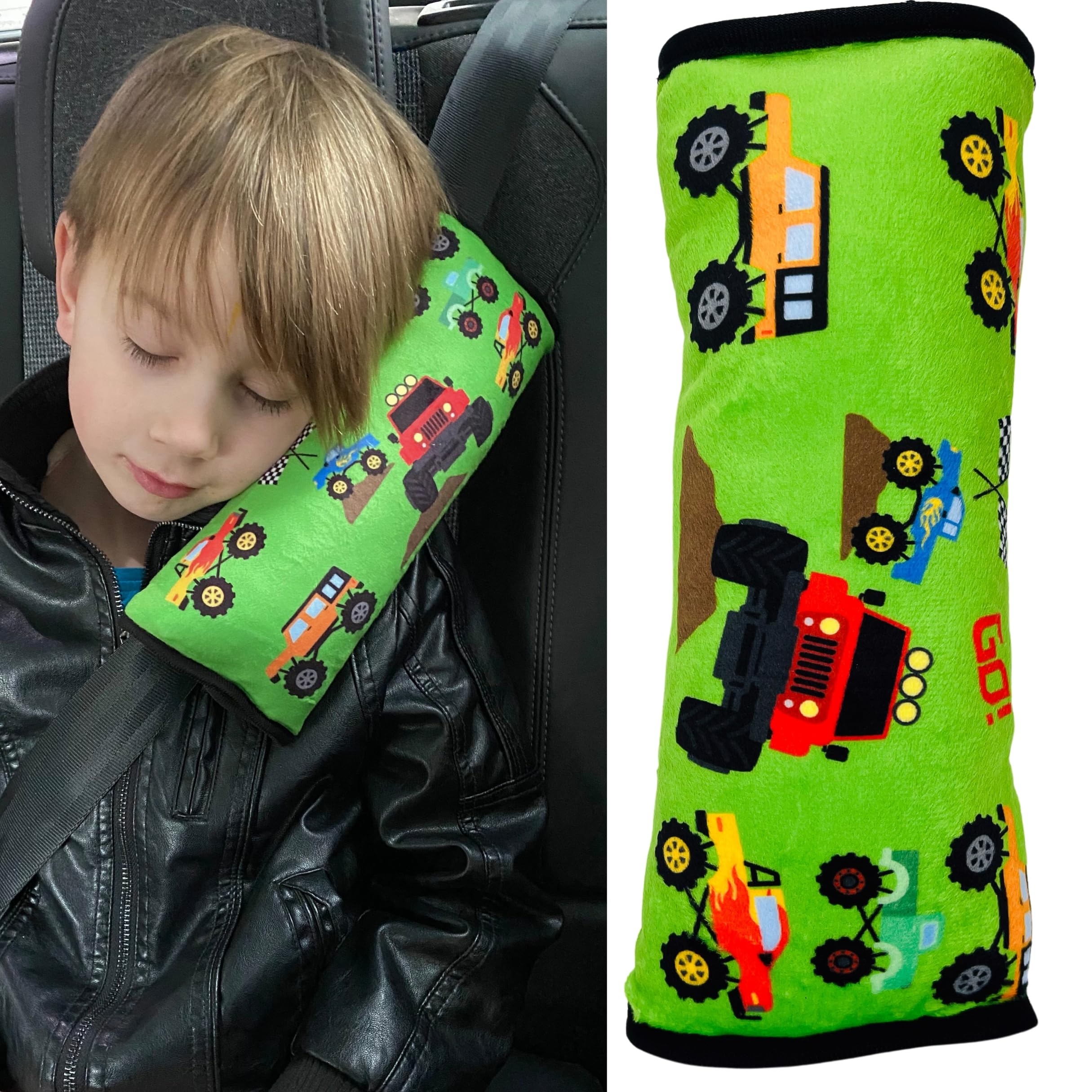 HECKBO monster truck car seatbelt pillow for children - machine washable - girl boy kids children soft car seat belt cover sleeping pillows protection car travel pillow cushion vacation