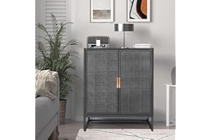 ORRD Sideboard Buffet Cabinet, Accent Cabinet Iron Rattan Kitchen Storage Cabinet Console Television Table with No Handle Pop-up Doors and Adjustable Shelves for Living Room, Dining Room (Black)