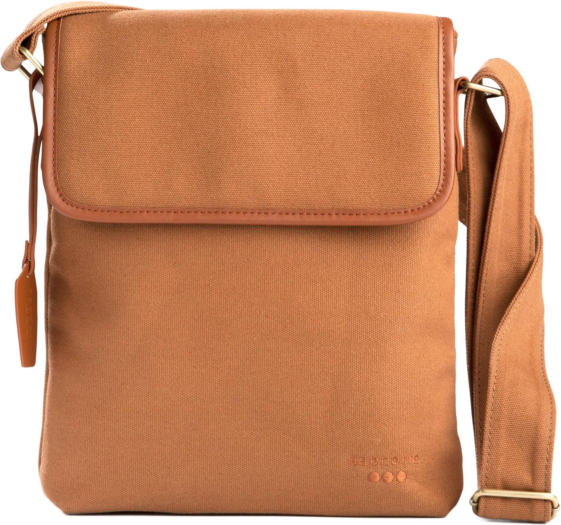 Aapporto Tablet Bag for iPad Air or Galaxy Tab S3 plus Tablets up to 10.1 Inches - Brown Canvas with Genuine Leather Trim - Vertical Purse - Shoulder Strap with Matching Fabric - Zip Pockets