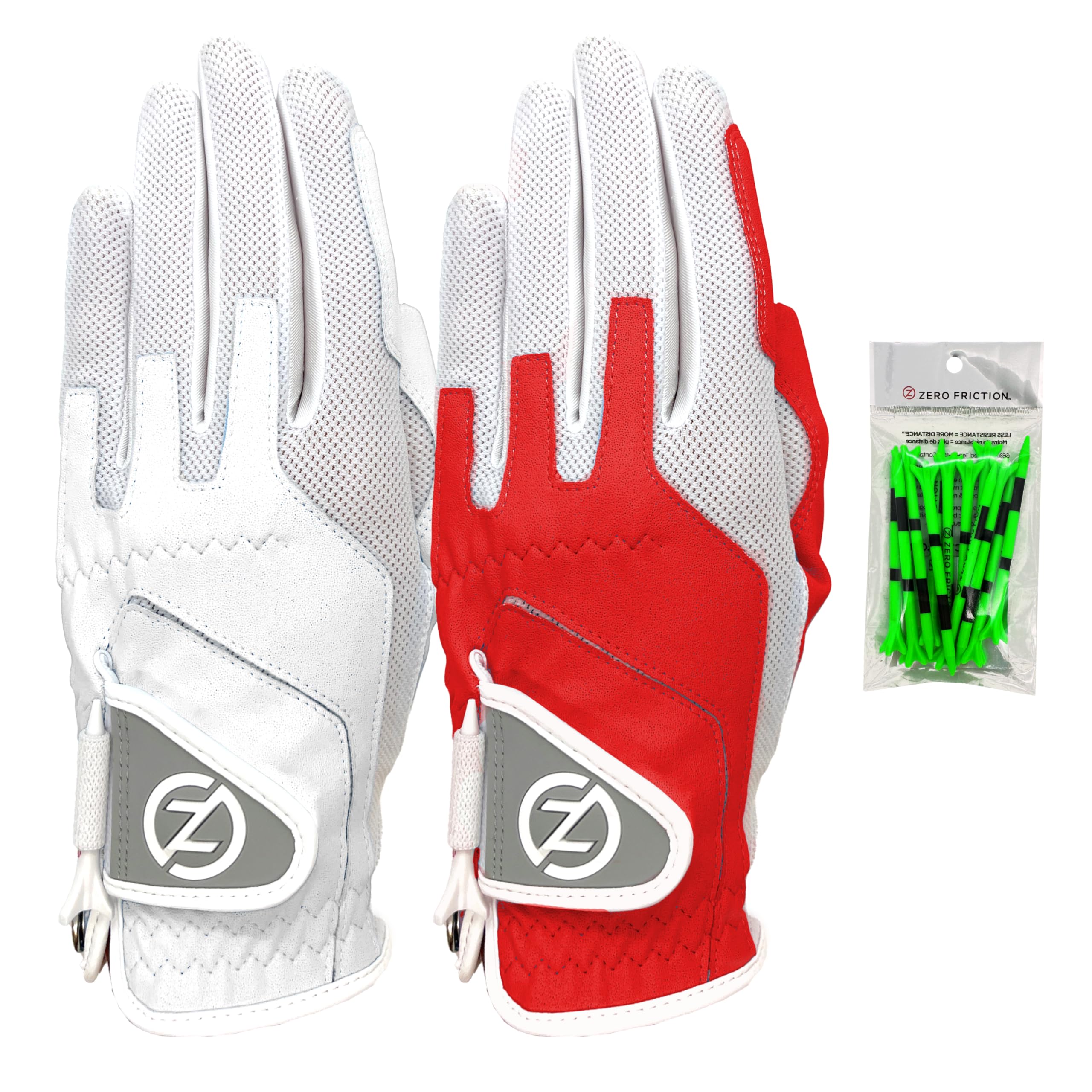 Photo 1 of Zero Friction Ladies Compression-Fit Synthetic Golf Glove (2 Pack with Free Pack of tees), Universal Fit One Size, White/Red