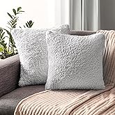 PAVILIA Fluffy Light Grey Throw Pillow Covers, Decorative Accent Pillow Cases for Bed Sofa Couch, Soft Faux Fur Cushion Cover, Square Sherpa Pillowcases, Home Room Decor, Gray, 18x18 Set of 2