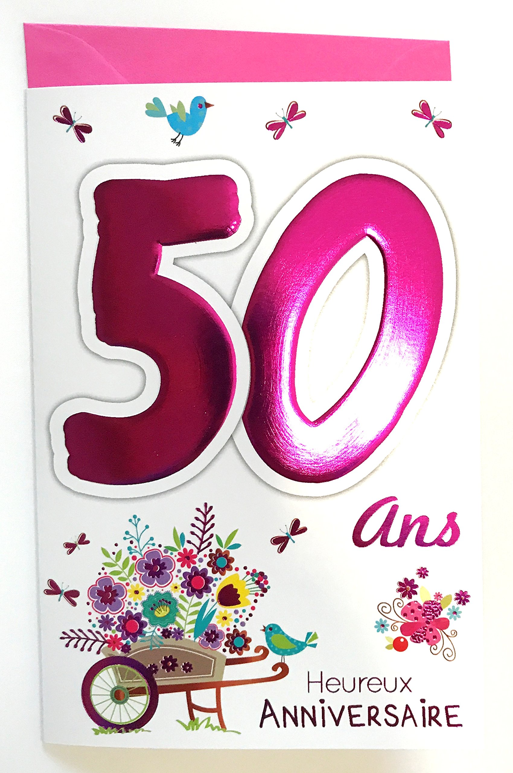 MV 69-2035 Age 50 Birthday Card Woman Design Wheelbarrow – Flower Birds