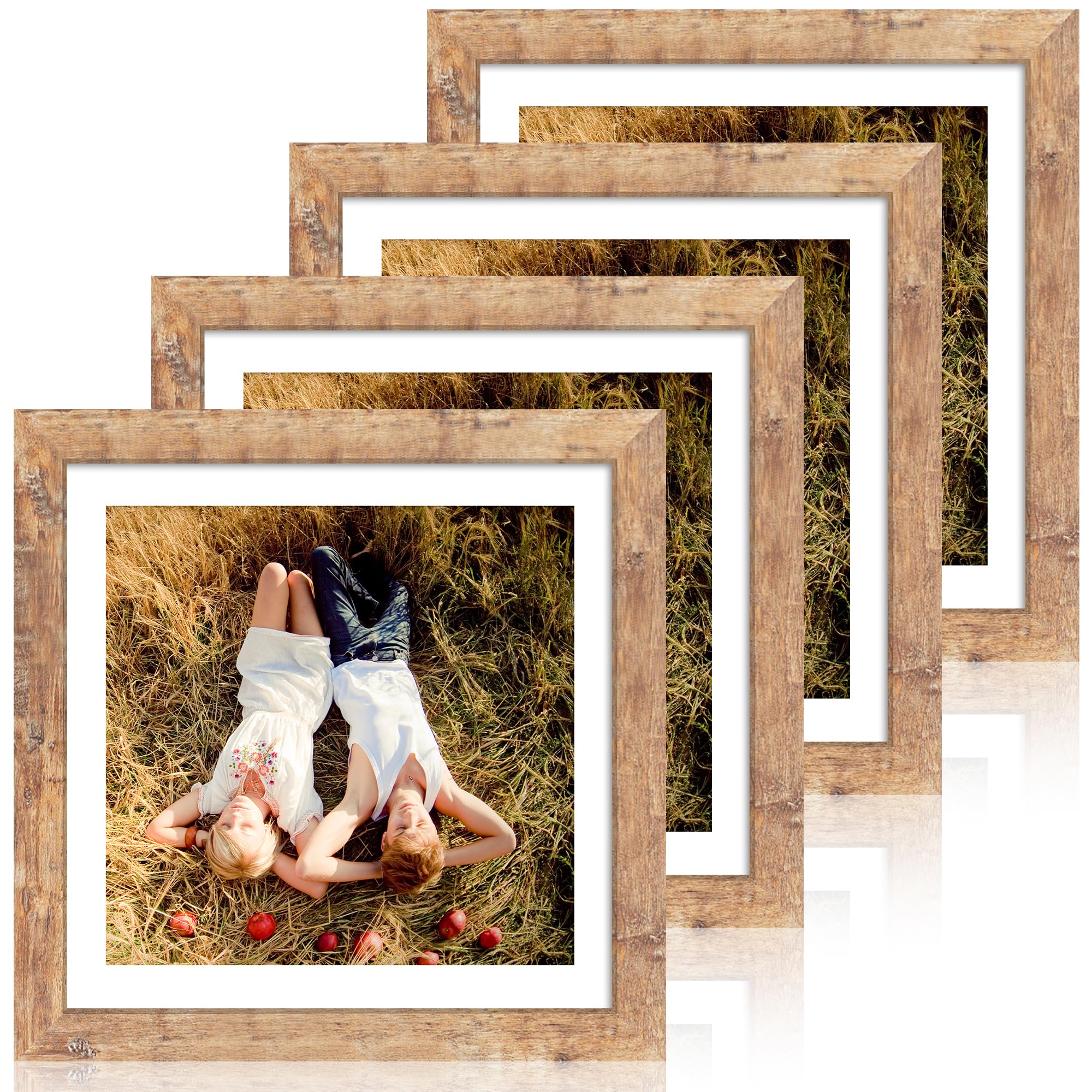 Photo 1 of iRahmen 12x12 Picture Frame Set of 4 with Tempered Glass, Rustic Brown Frame Display 10x10 Pictures with Mat or 12 x 12 Without Mat, Wood Square Photo Frames for Desktop Display and Wall Mounting