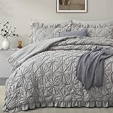 BEDAZZLED Queen Size Comforter Sets,Grey Bedding Comforter Set, 3 Pieces Pinch Pleat Bedding Sets with Comforter and Pillowcases Soft Farmhouse Shabby Chic Comforter for All Season