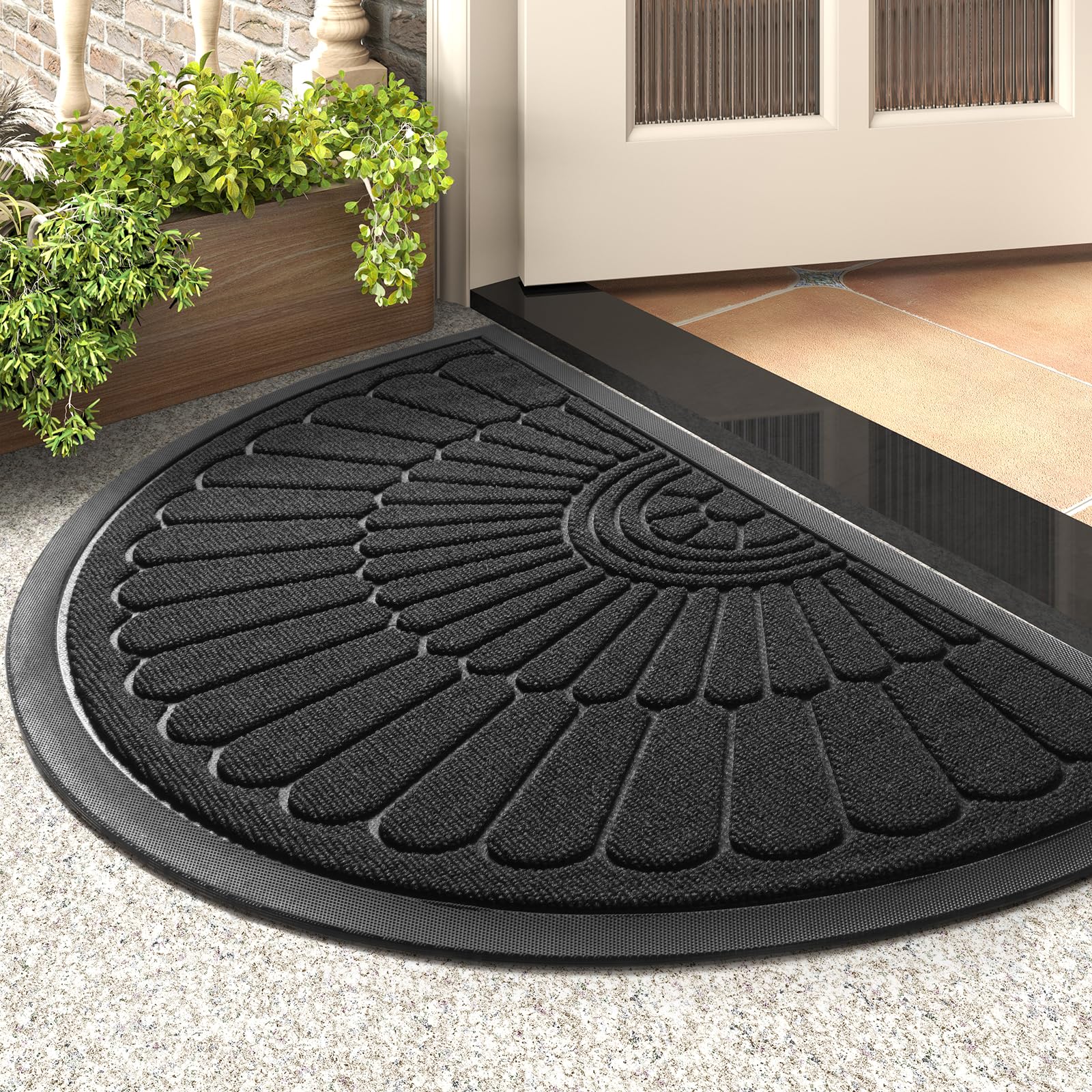 Photo 1 of tchdio Door Mat Outdoor Indoor Entrance Doormat-Semicircular Durable Rubber Non Slip Front Door Mat for Outside Inside Entry Entryway Dirt Trapper WelcomeMat for Muddy Paws and Shoes-Black 24”x36”