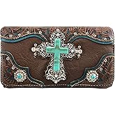 Zelris Turquoise Rhinestone Cross Western Women Crossbody Wrist Trifold Wallet (Brown)