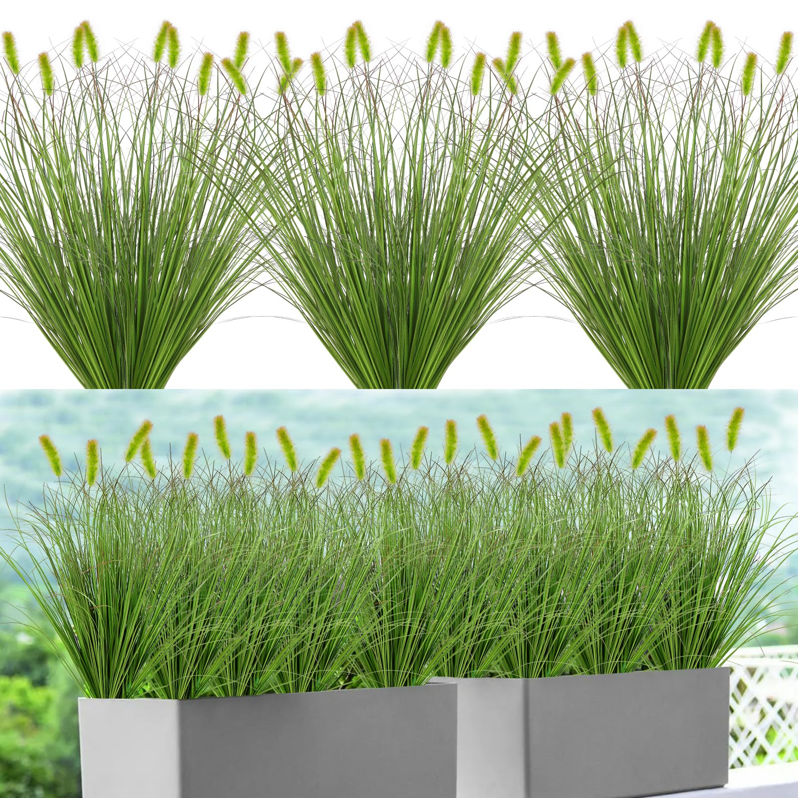 DEMIUKO 20 Bundles Artificial Plants Outdoor Grass 20in Fake Plants Wheat Grass Stems Spring Greenery Shrubs Bush with Pompoms Indoor Plants Balcony Decor for Pot Planter Window Box Hanging Basket