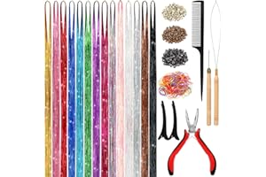 ALFIE DARLING Hair Tinsel Kit (48 Inch,14 Colors, 3500 strands), Tinsel Hair Extensions with Tools, Heat Resistant Fairy Hair Tinsel Kit for Women Hair Accessories