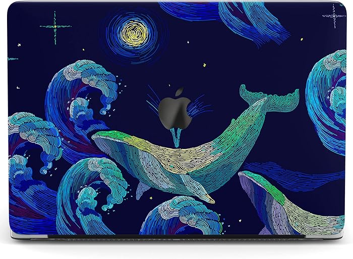Wonder Wild Case For MacBook Air 13 inch Pro 15 2019 2018 Retina 12 11 Apple Hard Mac Protective Cover Touch Bar 2017 2016 2020 Plastic Laptop Print Painted Whale Black Ocean Blue Sea Wave Moon Animal