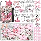 BELICEY Junk Case Charms Pink Kawaii Bow Phone Cases Kit Silver Butterfly Charm for Junk 3D Heart Star Flower Phones Case Charms for Crafts Flatback Pearls Rhinestone DIY Accessories
