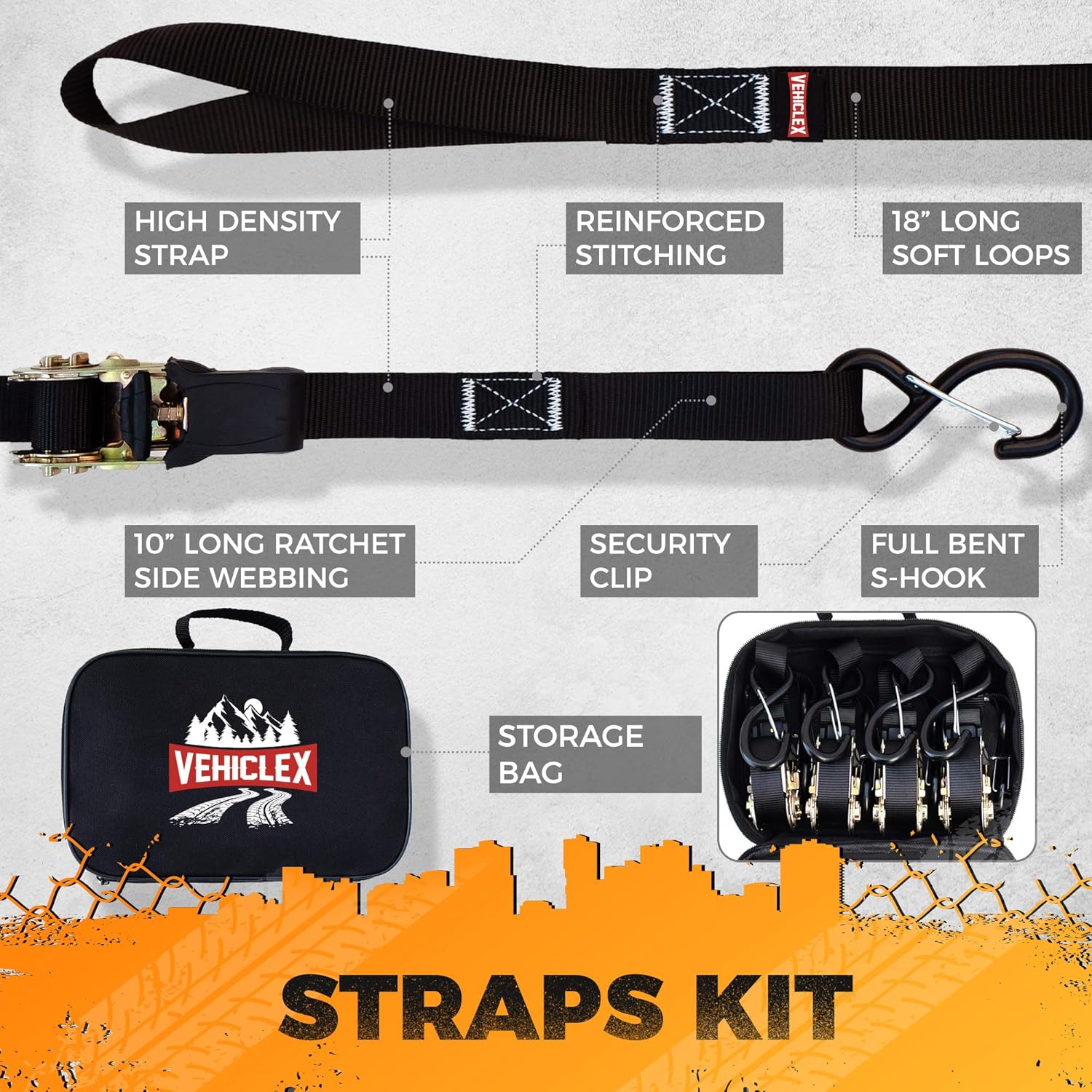 Vehiclex Ratchet Tie Down Straps – 15 Ft Long - UPGRADED 2200 lb Break Strength – 4 Pk Premium Heavy Duty Cargo Straps & Soft Loops, Vinyl Coated Full Bent Closed S-Hook & Ergonomic Rubber Handle: Automotive