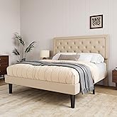 Allewie Queen Size Button Tufted/Fabric Upholstered Bed Frame with Adjustable Headboard/Wood Slat Support/Mattress Foundation/Beige