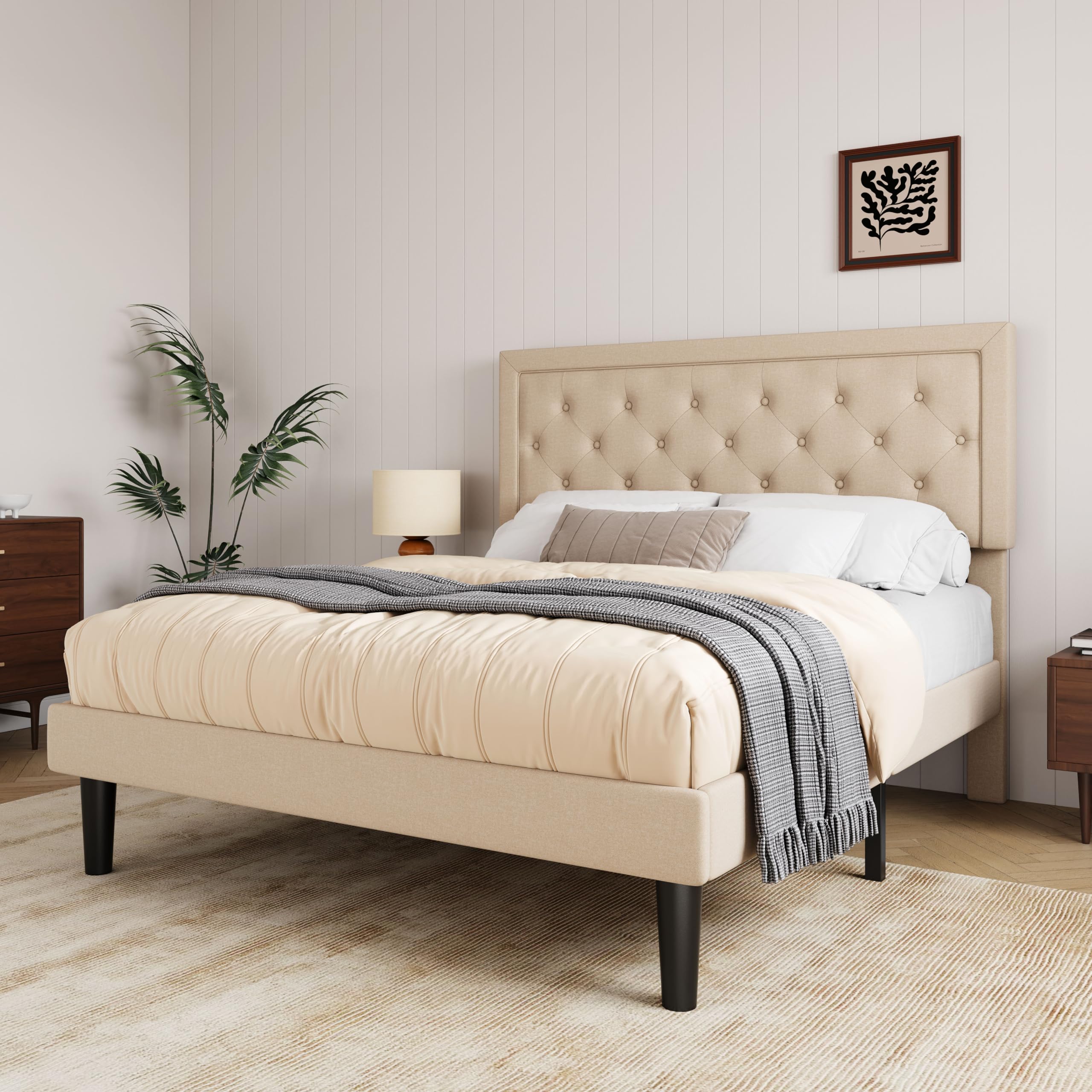 Allewie Queen Size Button Tufted/Fabric Upholstered Bed Frame with Adjustable Headboard/Wood Slat Support/Mattress Foundation/Beige Image Allewie Queen Size Button Tufted/Fabric Upholstered Bed Frame with Adjustable Headboard/Wood Slat Support/Mattress Foundation/Beige Image