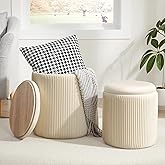Royal Windsor Round Ottoman with Storage Set of 2, Storage Vanity Stool | Upholstered Round Storage Ottoman, Ottoman Coffee Table, Small Foot Stool for Living Room &amp; Bedroom, Beige