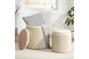 ROYAL WINDSOR Round Ottoman with Storage Set of 2,Vanity Stool with Storage for Bedroom, Ottoman Coffee Table,Small Velvet Foot Stool for Living Room, Beige