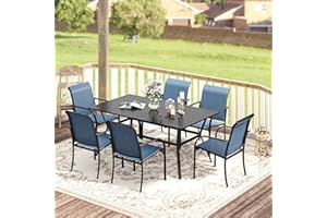 VICLLAX 7 Pieces Patio Dining Set for 6, Outdoor Furniture Set Includes 1 Rectangle Patio Table and 6 Stackable Patio Sling Chairs, Black Table and Blue Chairs