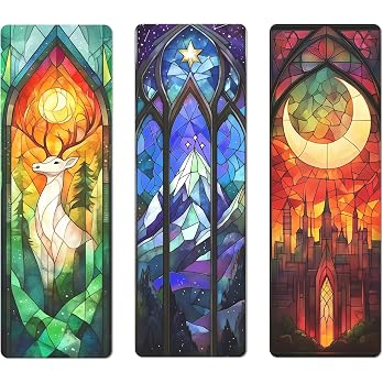 Set of three TwoDays fantasy bookmarks with stained-glass-style illustrations