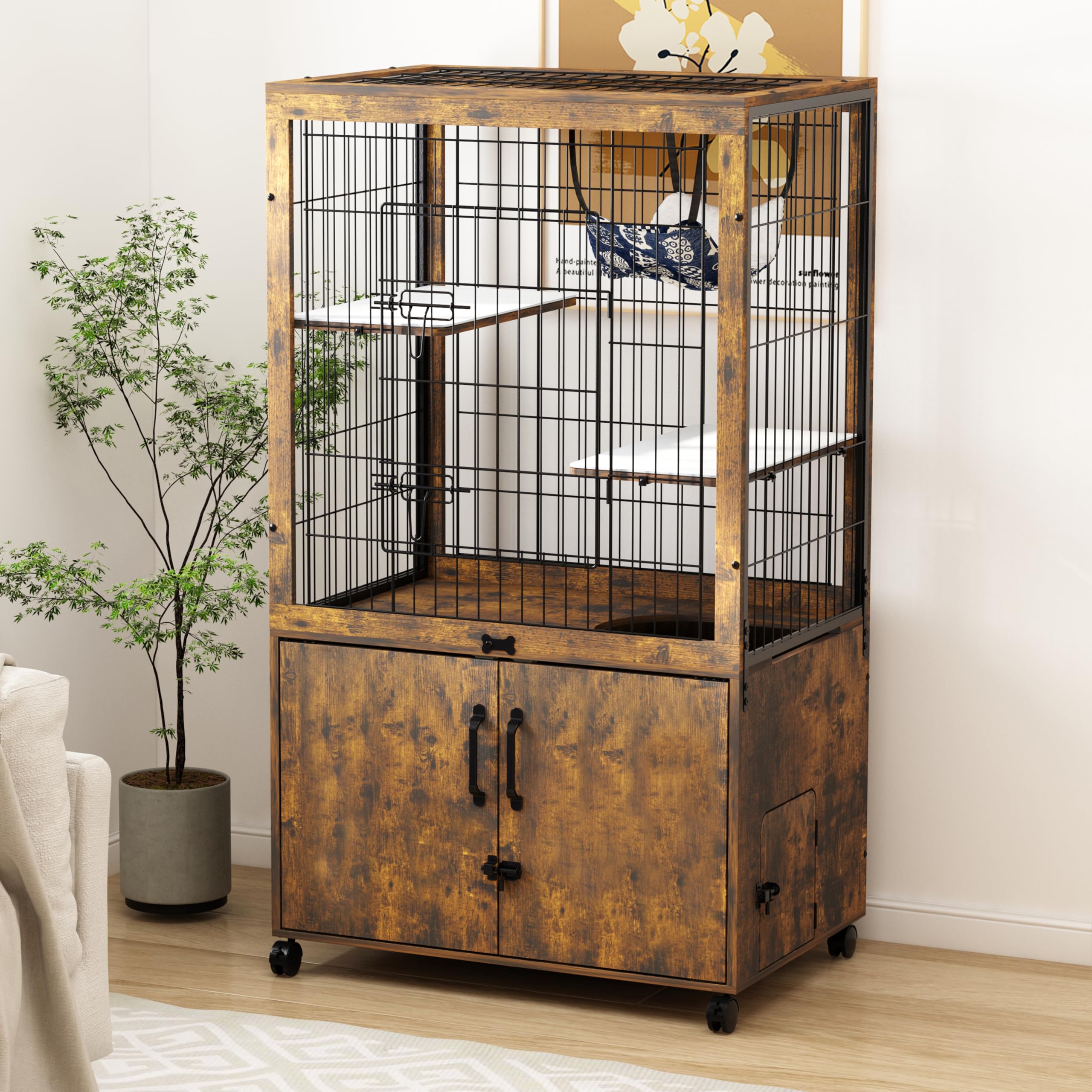 Photo 1 of ***used****Megidok Furniture Cat Cages Indoor with Wooden Hidden Litter Box Enclosure Built-in Urine Cover Cat Kennel Cat Crates Cat Playpen - Rustic Brown