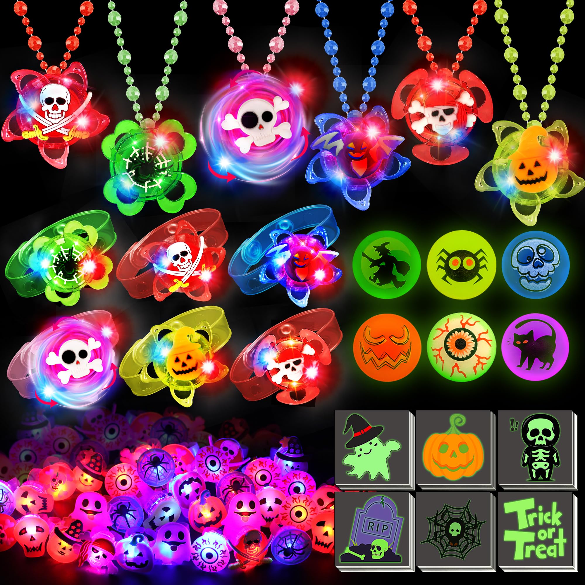 Photo 1 of 78 PCS Halloween Party Favors for Kids, Halloween Glow in The Dark Toys Bulk Light Up Rotating Necklaces Bracelet LED Rings Halloween Treats for Classroom Prizes Goodie Bag Fillers Trick or Treat Toy