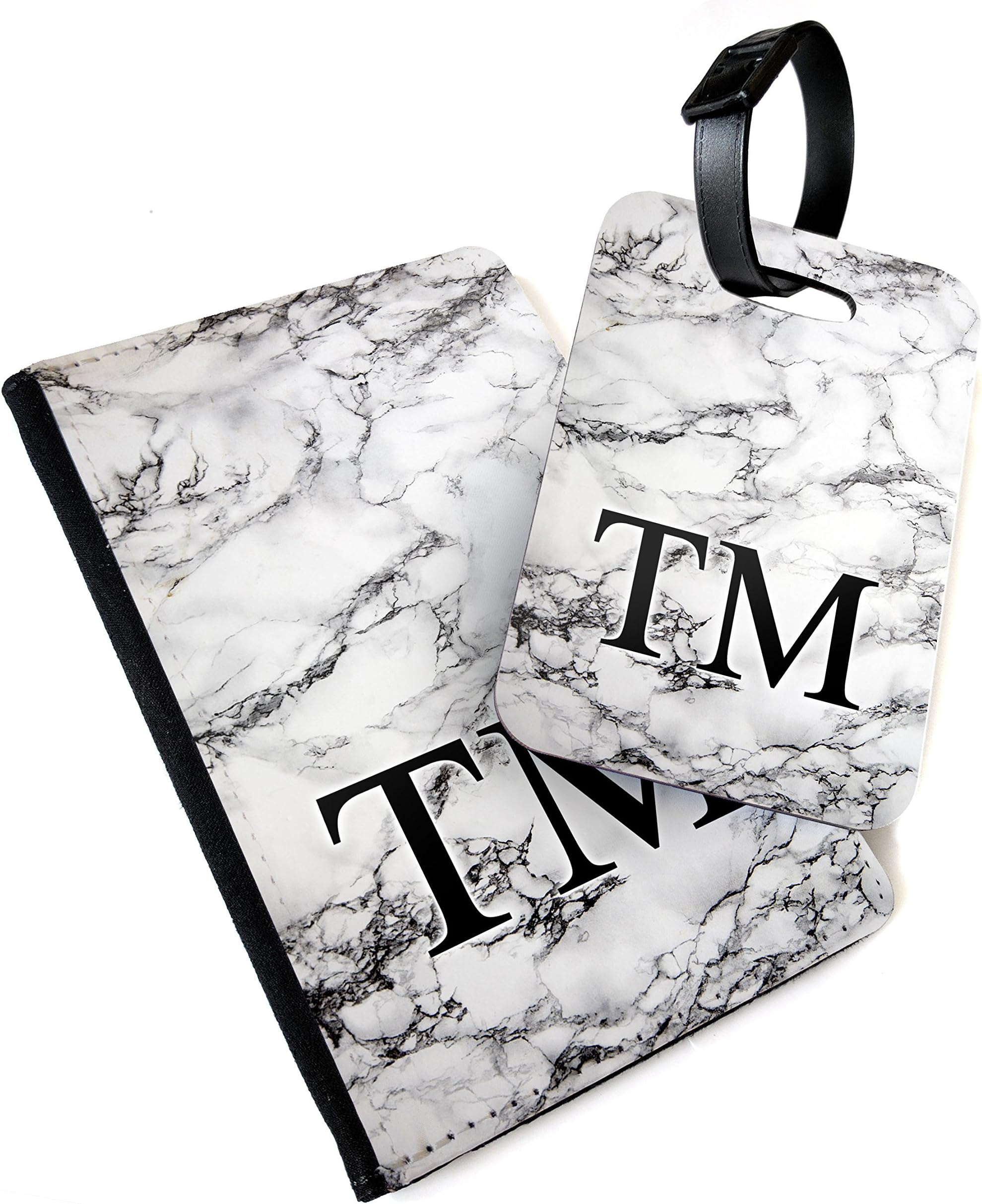 WTF | White Marble Monogram (Personalised) | Printed Art Faux Leather Passport Cover/Luggage Tag (Holder/Luggage Tag Combo)