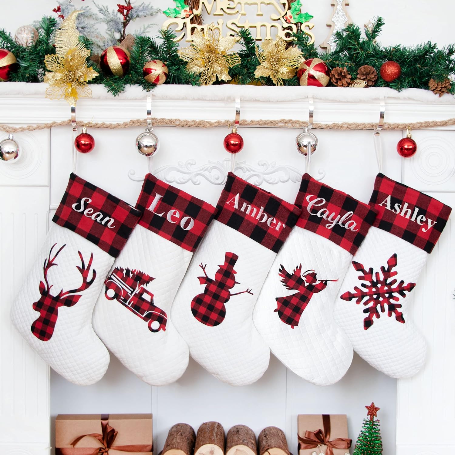 Stockings & Holders - LUBOT 5 Pack Personalized Christmas Stocking(20inch) Silhouette Buffalo Red Plaid/Rustic/Farmhouse/Country Fireplace Hanging Xmas Stockings Decorations for Family Holiday Season