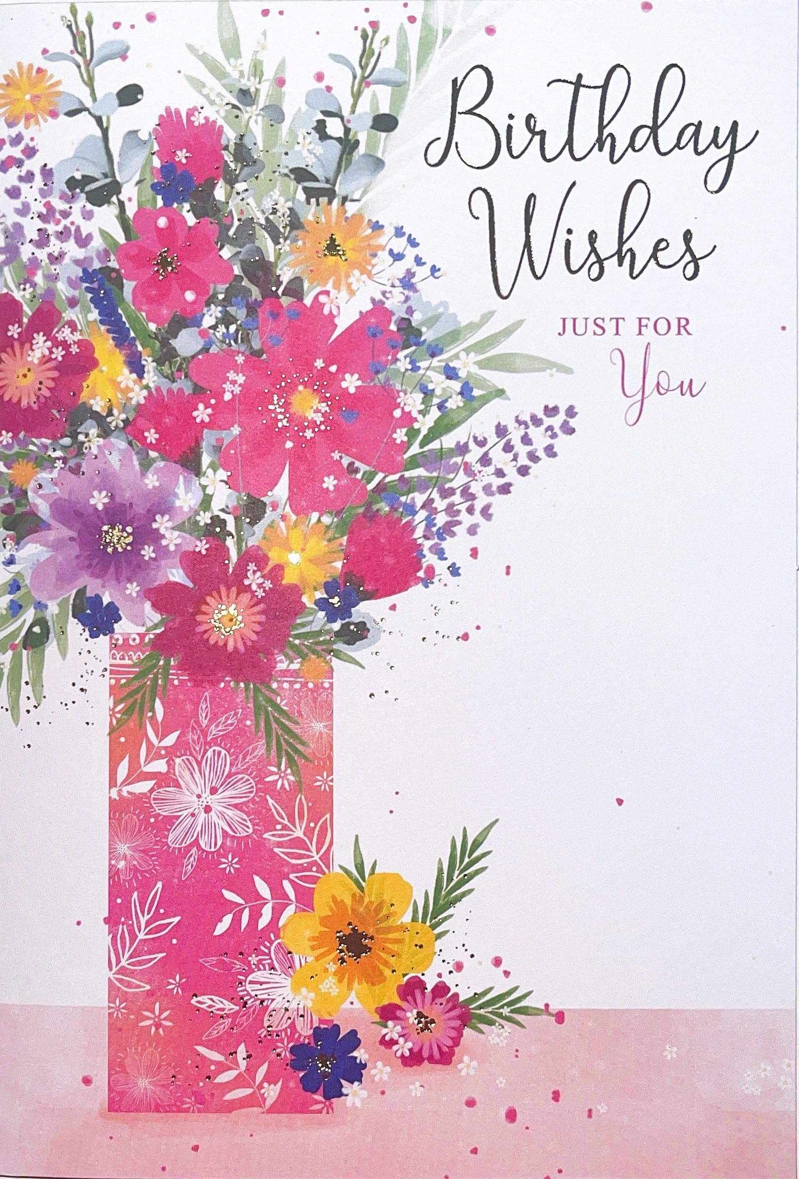 Open Female Birthday Card - Bright Flowers in Pink Vase with Gold Foil 7.75x5.25