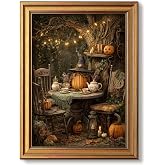Vintage Gold Framed Halloween Wall Art Horror Fall Pumpkin Prints 12x16 In | Witchy Canvas Art Pictures Wall Decor, Spooky Autumn Antique Painting Artwork for Living Room Bathroom Party