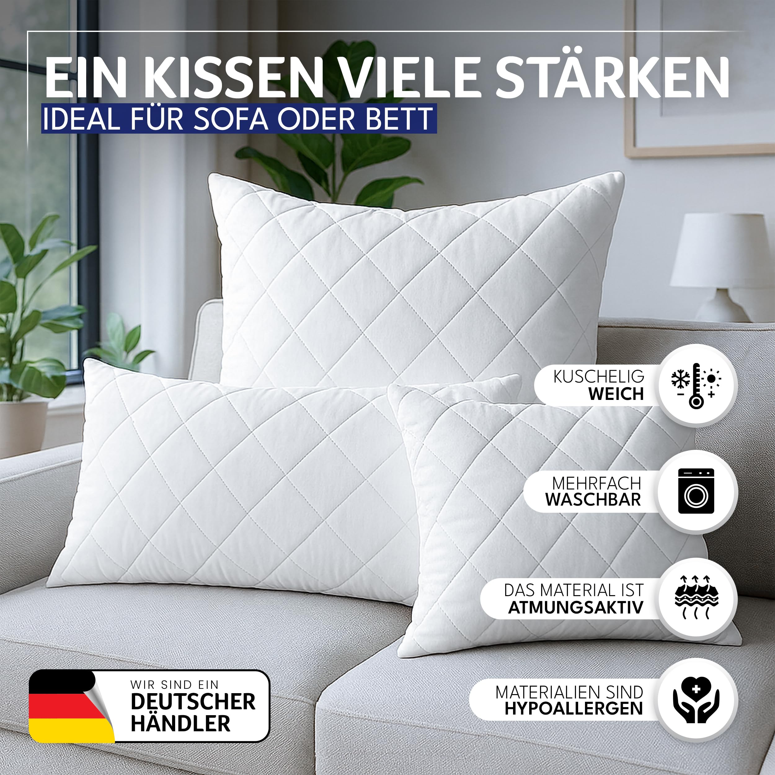 Polyester Kopfkissen (40x40 cm groß) - 2er Set Kissen für Bett und als Dekokissen - Mit Reißverschluss für Füllung - Sofakissen - Zierkissen für Couch und Sofa - Ökotex - Waschbar bis 60° - Weiß 2
