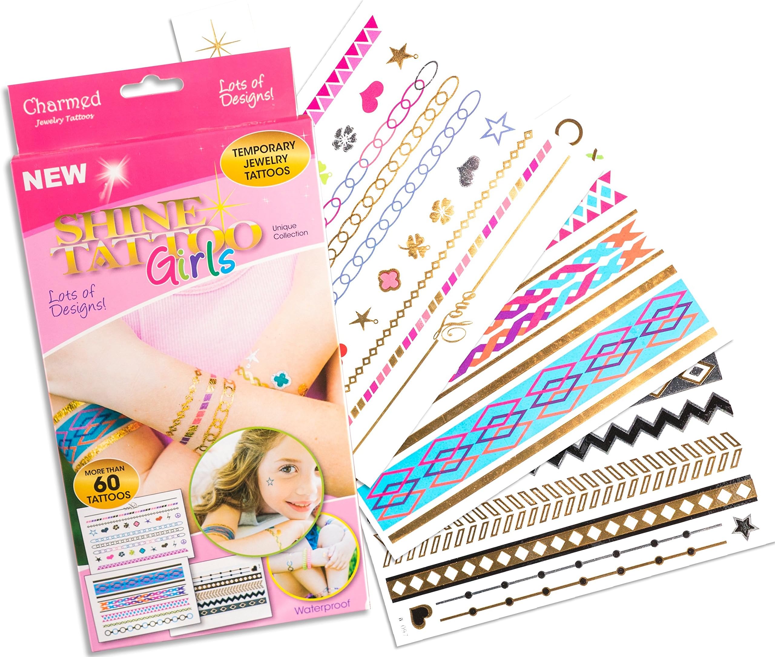 Shine Girls Color Flash Tattoos - Metallic Gold Silver Temporary Bling Tattoo - 3 Sheets Pack of Fashion Tattoos (Charmed)