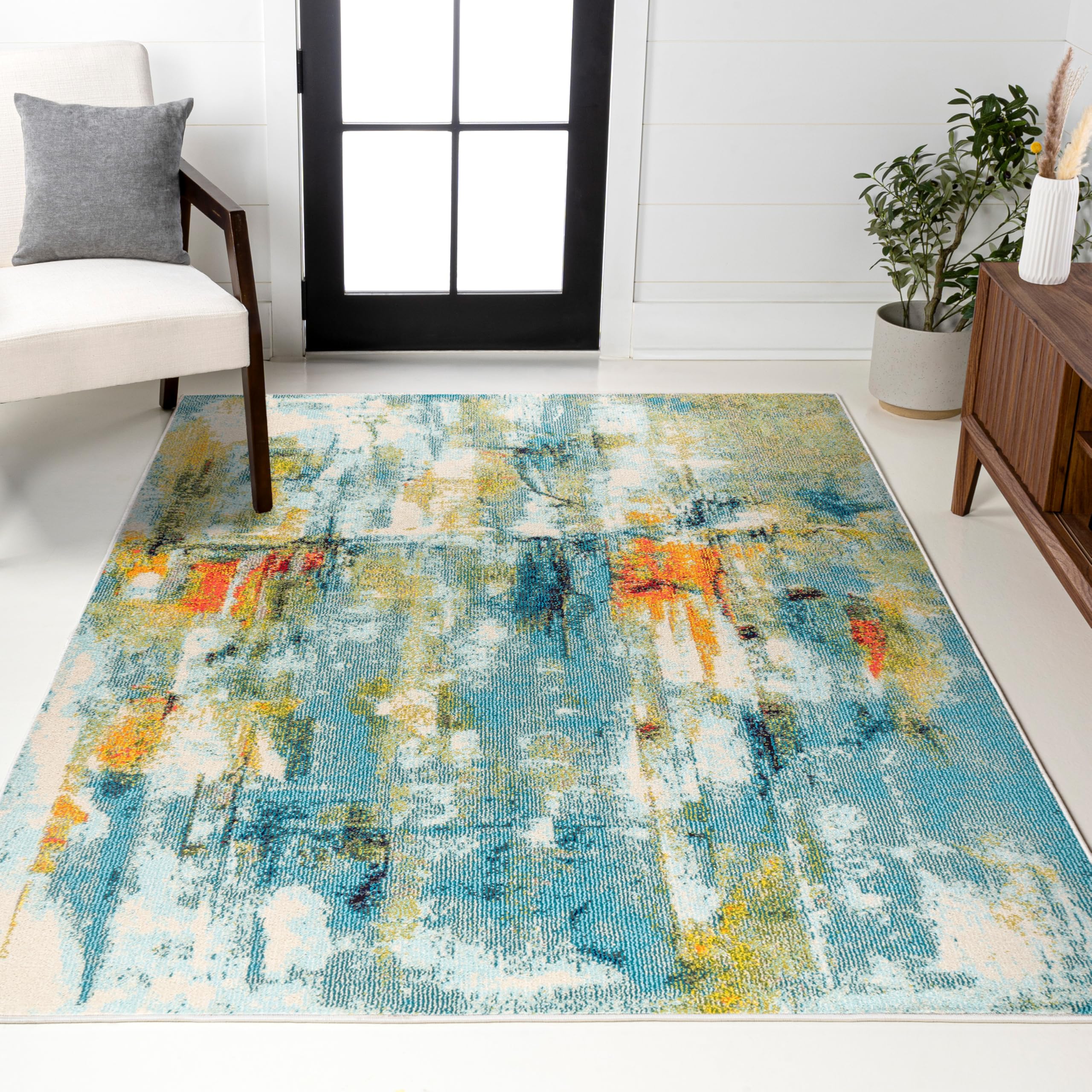 JONATHAN Y Modern Abstract Waterfall Blue/Cream Indoor Area Rug, 8x10, Contemporary POP, Transitional, Easy-Cleaning for Living Room, Bedroom, Kitchen, Pet Friendly, Non-Shedding (CTP100A-8) Image