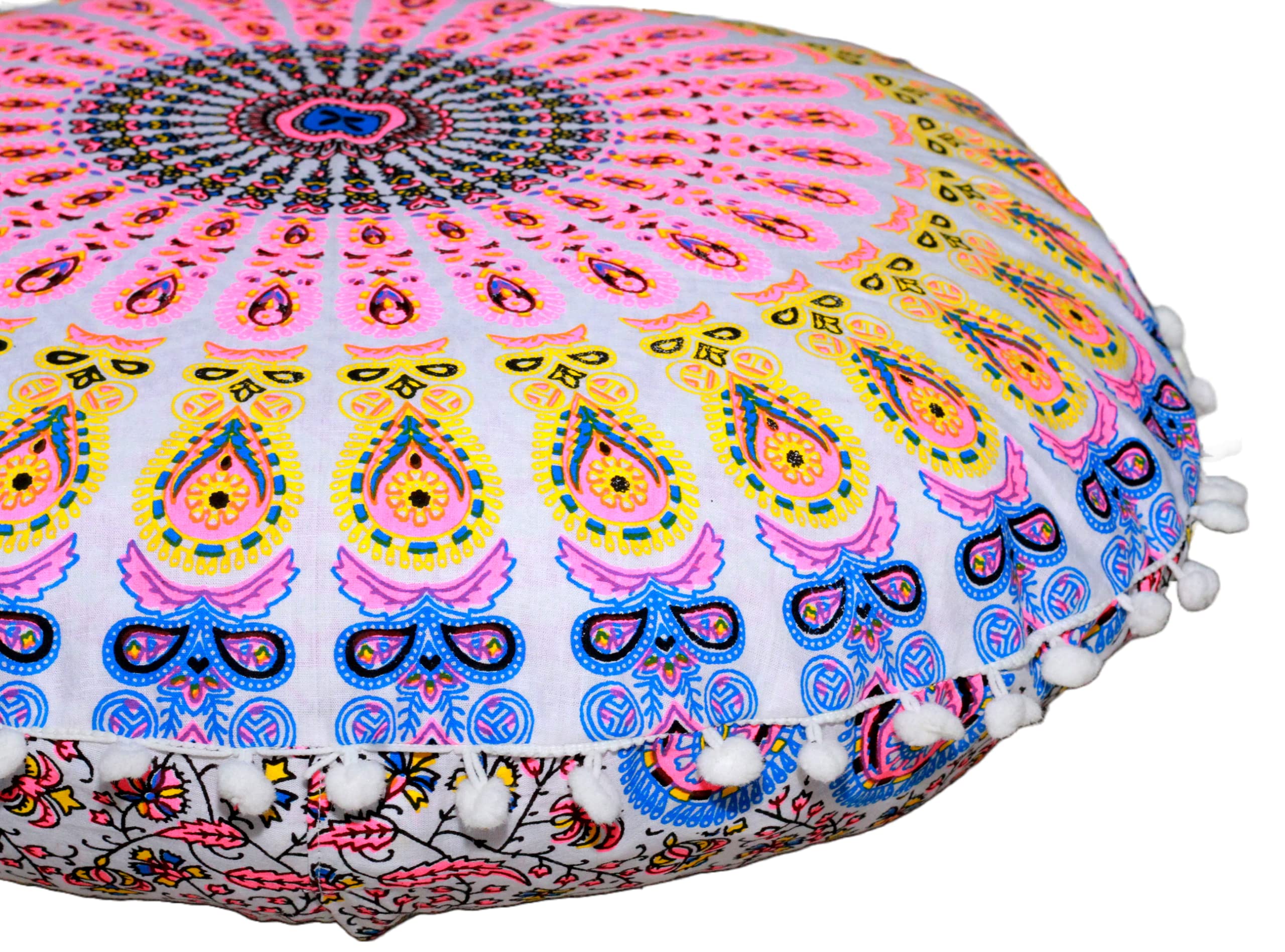 Round Mandala Floor Pillow Cover Seating Cushion Throw Cover Hippie Decorative Bohemian Ottoman Pouf Cover, Pom Pom Pillow Cases,Boho Indian 22 Inches (Pink Yellow)