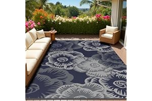 MontVoo Outdoor Rug-Waterproof Patio Rug Mat 5x8 Outdoor Carpet Mat Reversible Plastic Straw Outside Outdoor Rug for RV Camping Picnic Beach Balcony Backyard Pool Deck Farmhouse Floral Navy Blue