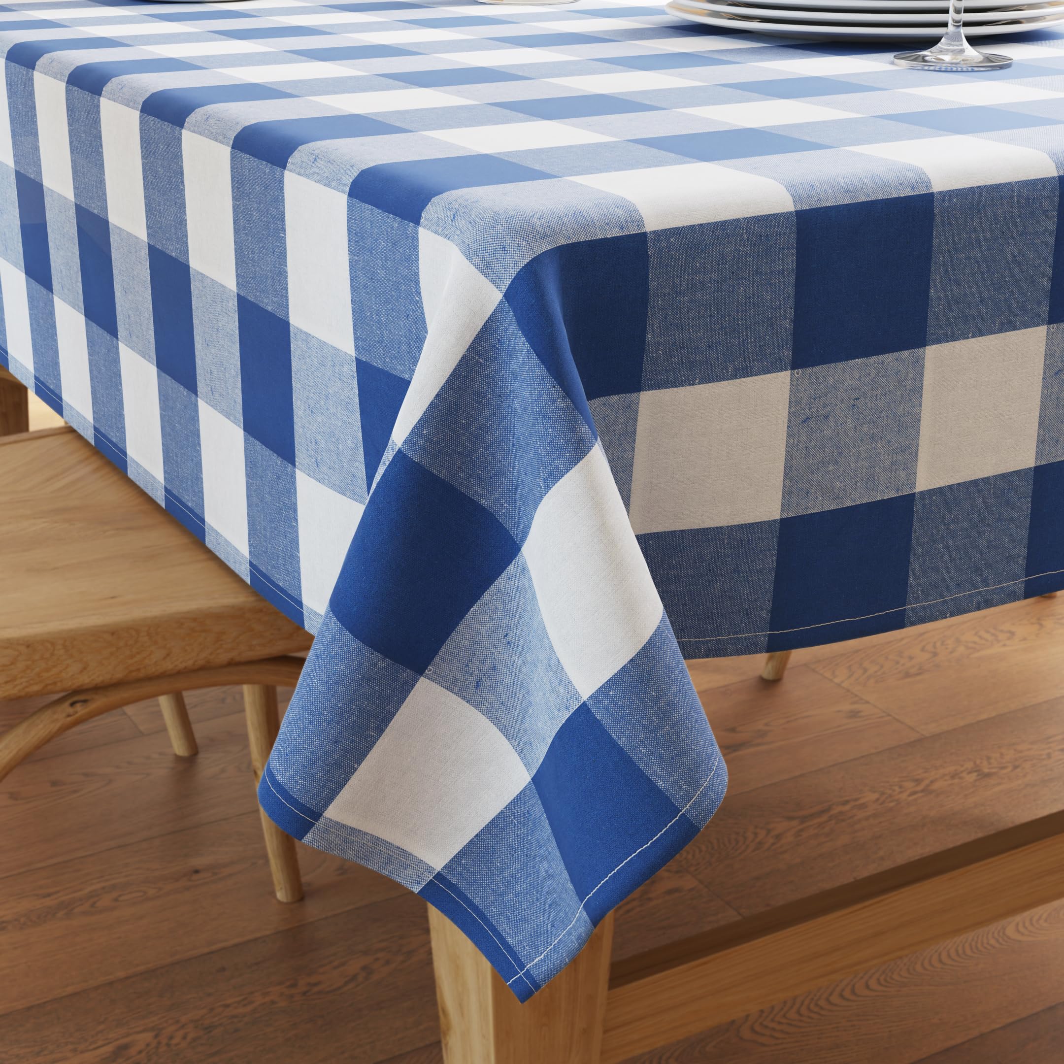 Encasa XO Dining Table Cover | 56"x94" Recycled Cotton Tablecloth | Buffalo Blue Checks Design Table Cloth For Decoration - Machine Washable.