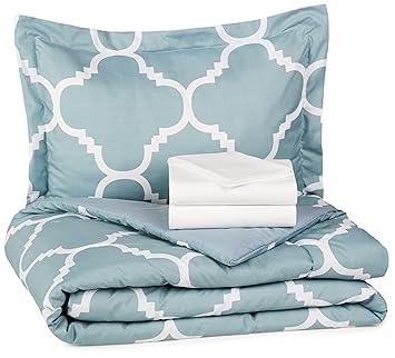 AmazonBasics 5-Piece Bedsheet Set - Twin/Twin Extra Long, Dusty Blue Trellis (Includes 1 bedsheet, 1 Comforter, 2 Pillowcases, 1 Fitted Sheet)
