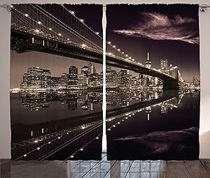 Ambesonne Landscape Curtains, Brooklyn Bridge Sunset NYC View Skyline Tourist Attraction Modern City, Living Room Bedroom Window Drapes 2 Panel Set, 108" X 84", Brown Rose