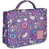 Eudora Cute Rainbow Unicorn Cartoon Toiletry Bag for Girls and Kids, Waterproof Bathroom Bag for Weekend with Many Rooms Pockets and Portable 360 Degree Hanging Hook