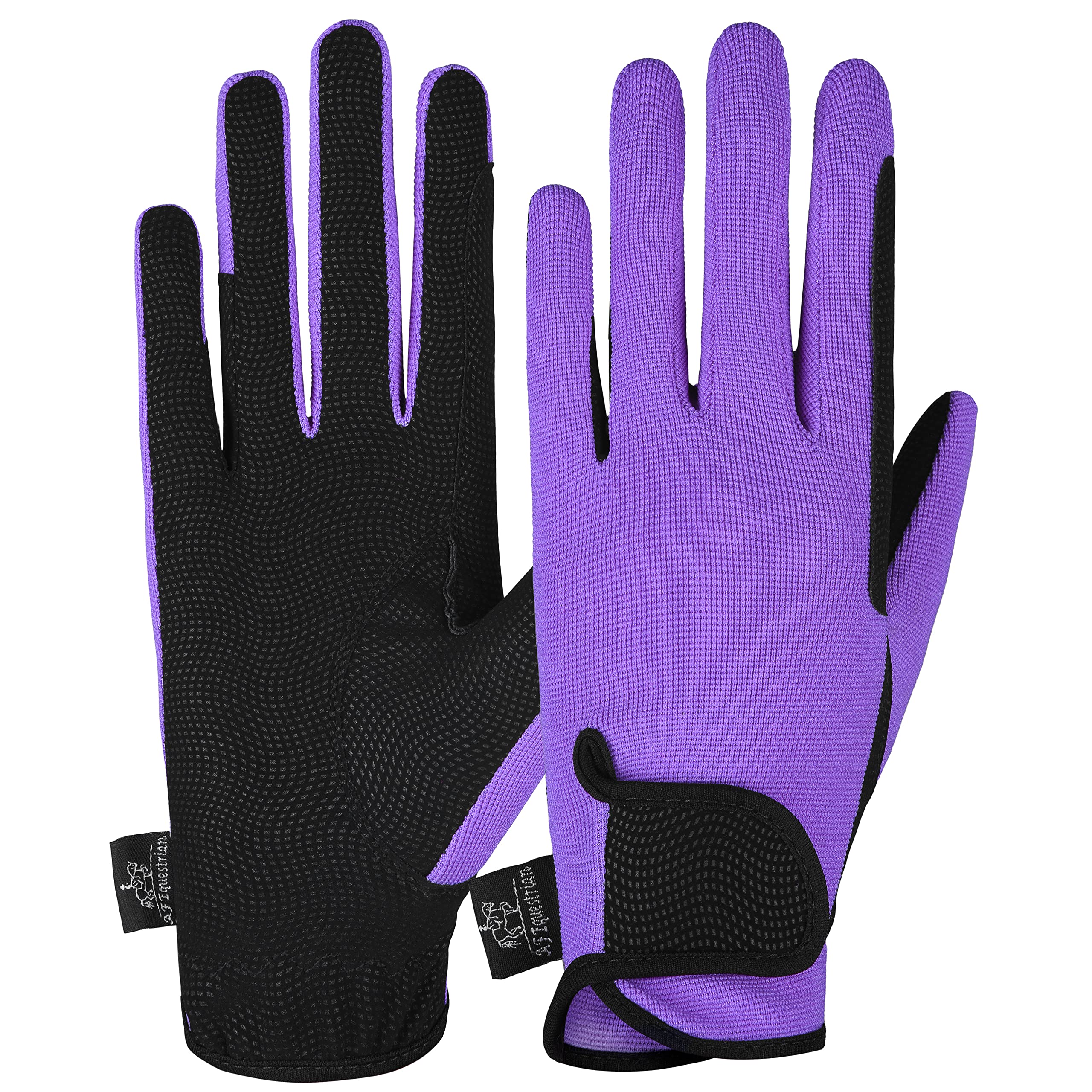 AFE Ladies Horse Riding Gloves Track Fabric Gloves Synthetic Leather Equestrian Black Stretch Fabric Pink Purple Lilac (Lilac, Large)