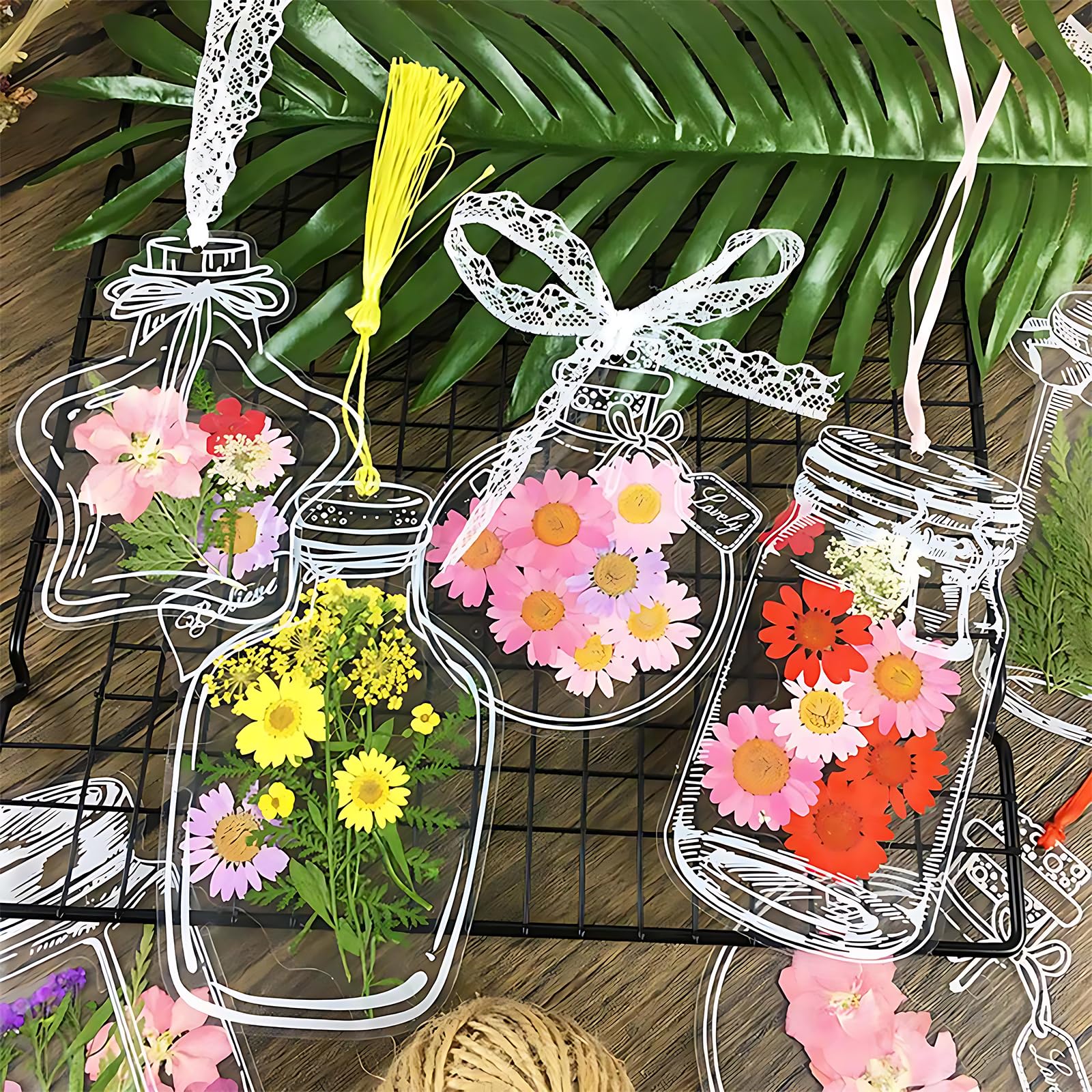 Photo 1 of Transparent Dried Flower Bookmarks, 40Pcs Dried Flower Bookmark Kit with 12 Pcs Dried Flowers and 80+ Stickers - Bulk DIY Bookmarks for Crafts, Resin & Scrapbooking Mothers Day Gift (3.5"*5.5")