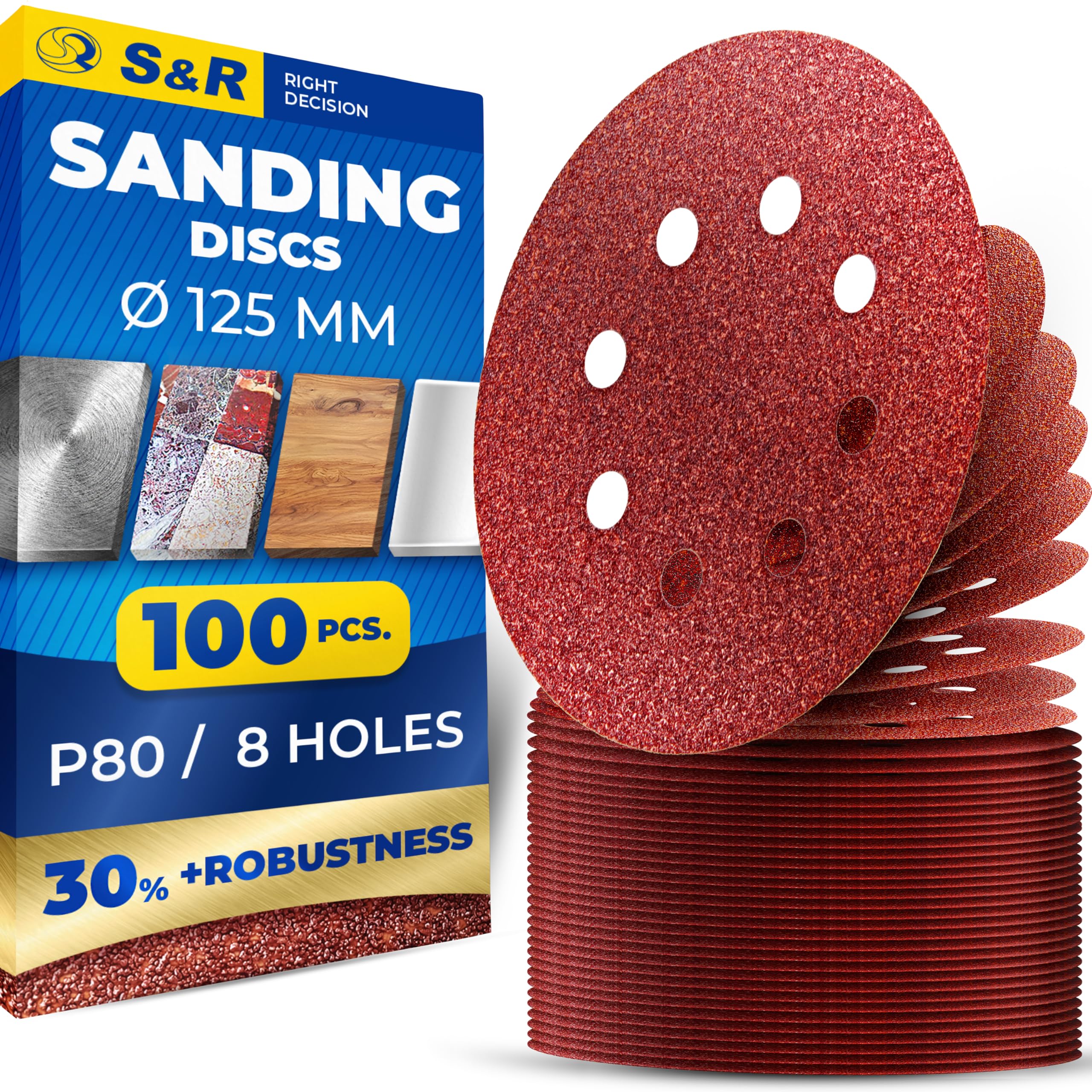 S&R Hook-and-Loop Sanding Paper Set, 125 mm, Meister, 8 holes, 100 sheets, grit P80, sanding sheets, sanding discs for random-orbit sanders, hook-and-loop sanding paper — image 1