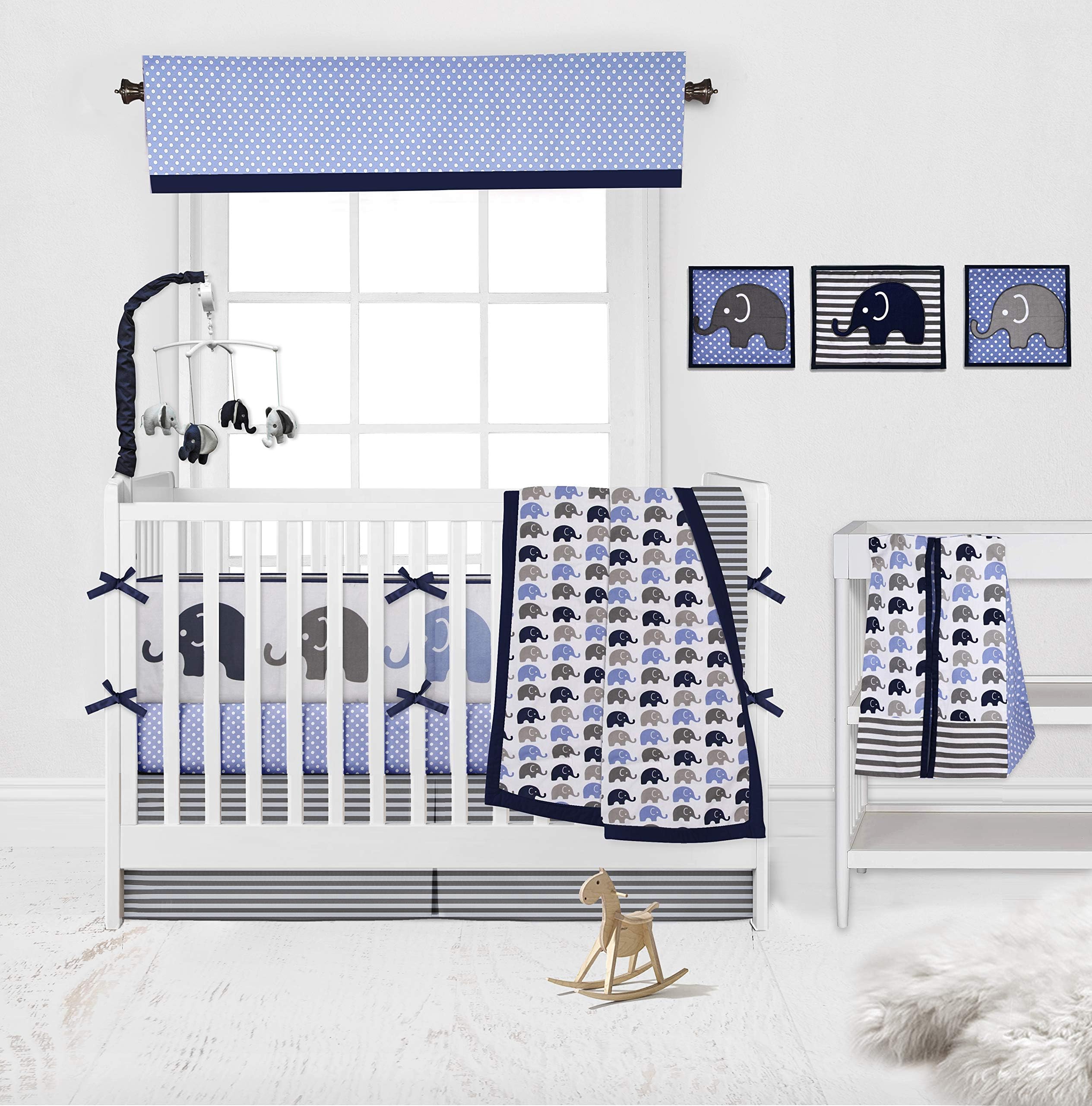 Bacati - Elephants Blue/Grey 10 Pc Boys Crib Baby Bedding Set Including Bumper Pad 100 Percent Cotton.