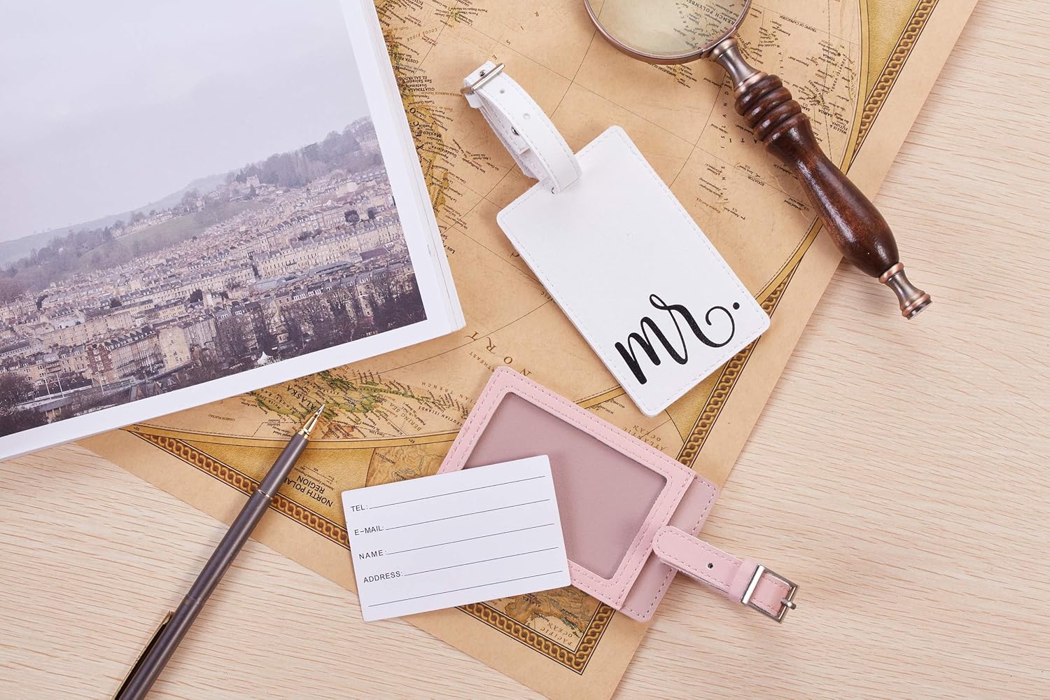  | Mr & Mrs Luggage Tags Couple Honeymoon Tags Set by Toughergun Vegan Leather Pink and White | Luggage Tags