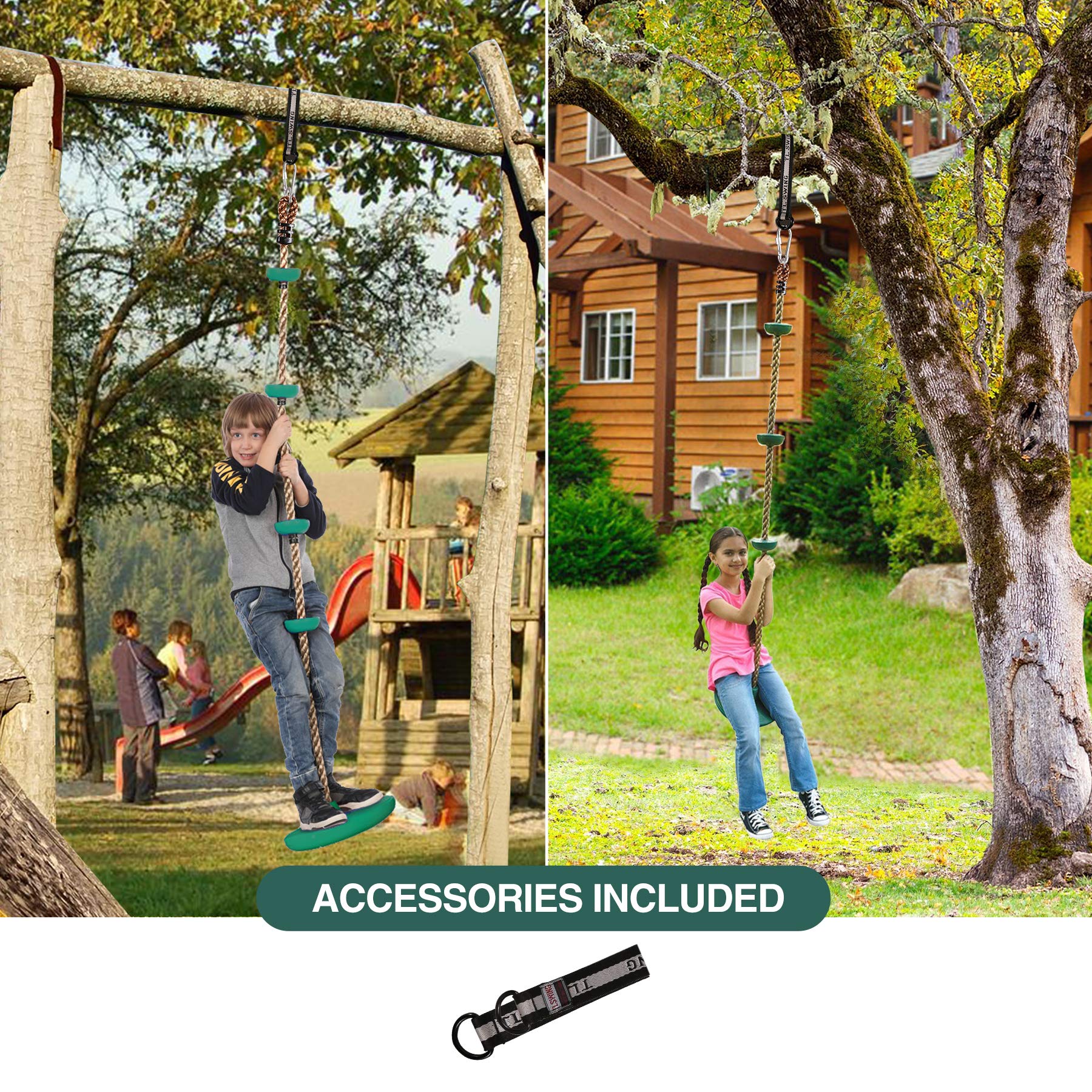 RedSwing Climbing Rope Swing for Trees, Heavy Duty Plastic Disc Swing Seat for Kids and Adults with Hanging Strap and Snap Hooks,Green