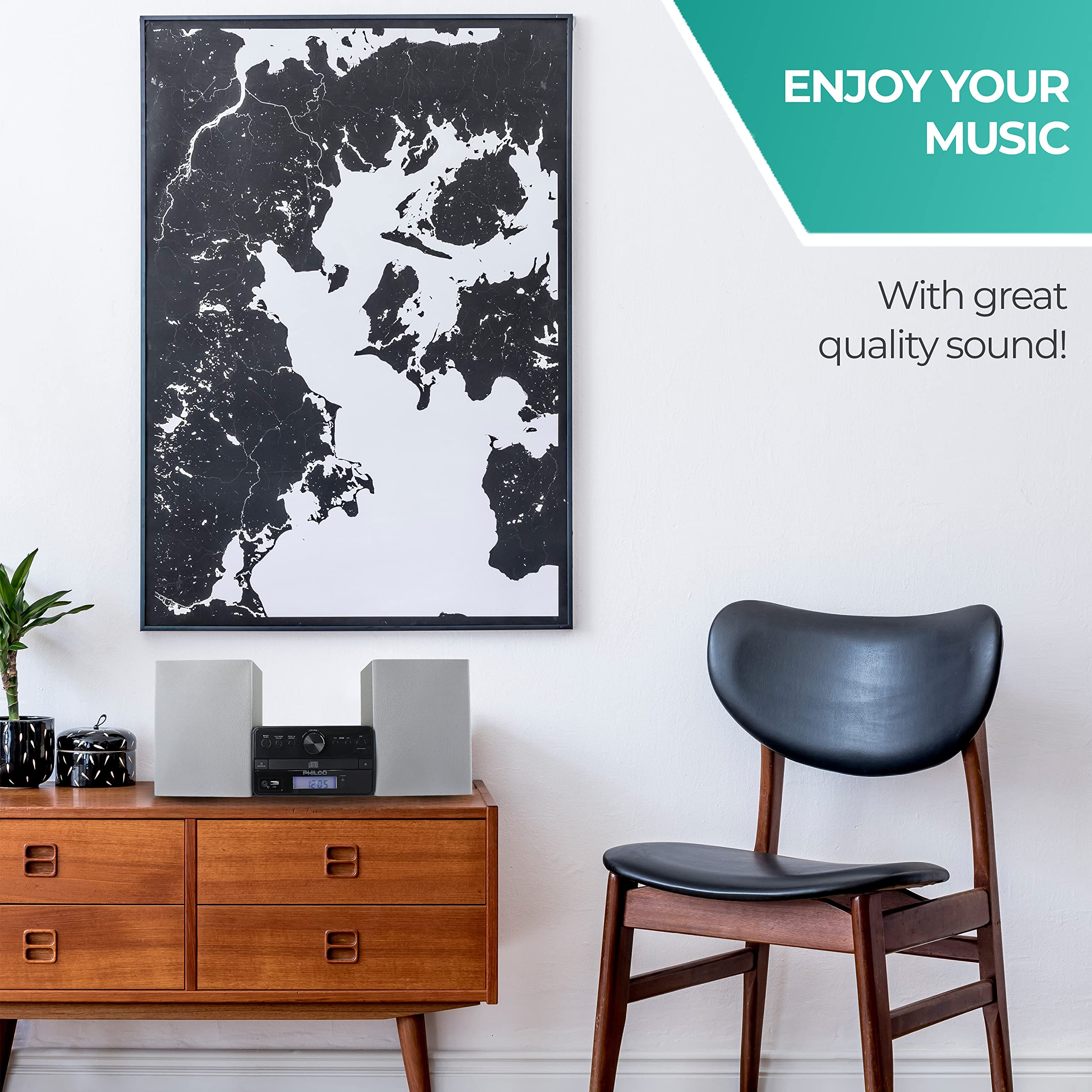 Philco Stereo Shelf Systems Tray Loading CD Player with Digital FM Radio, Bluetooth Streaming, Remote Control in Silver | LCD Display | 3.5mm Headphone Jack | MP3 & AUX Port Compatible | USB Input