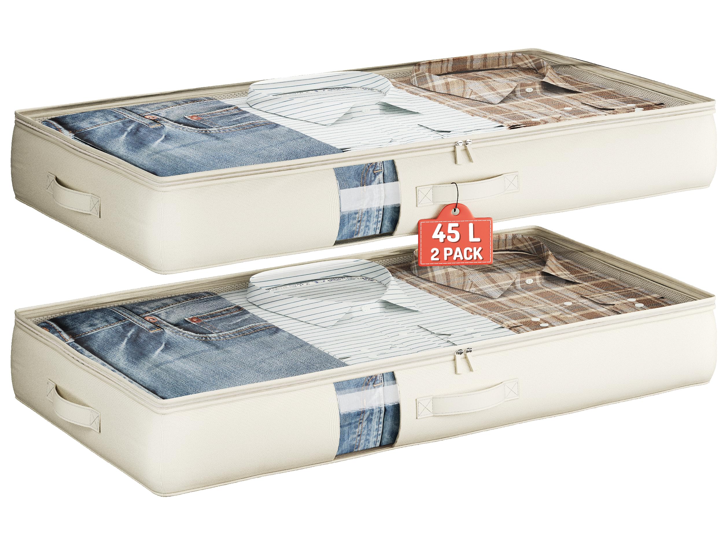 Photo 1 of Under Bed Storage Containers with Window, Closet Organizers and Storage Bags, Foldable Underbed Storage Bags for Blankets, Clothing, Comforter, Linen Sheets, Wrapping Paper, 2 Pack, White Ivory