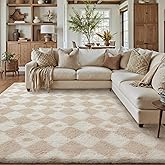 PureCozy Beige 8x10 Area Rug for Living Room Washable Non Slip Neutral Soft Bedroom Checkered Carpet Fluffy Modern Shag Fuzzy Indoor Large Aesthetic Bedroom Home Office Playroom Nursery