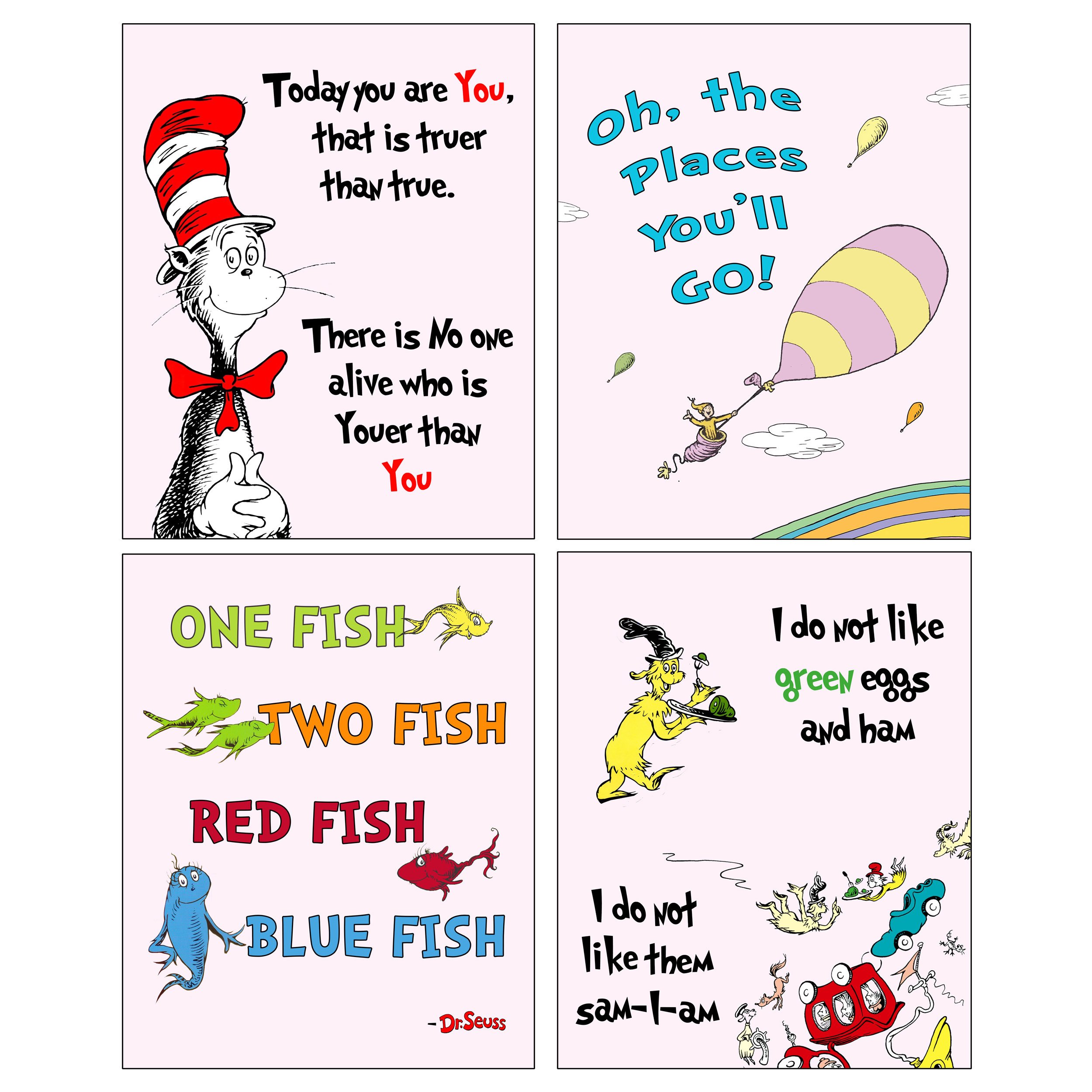 Dr Seuss Set of Four Art Prints - Kids Baby Nursery Room Decor (Pink)