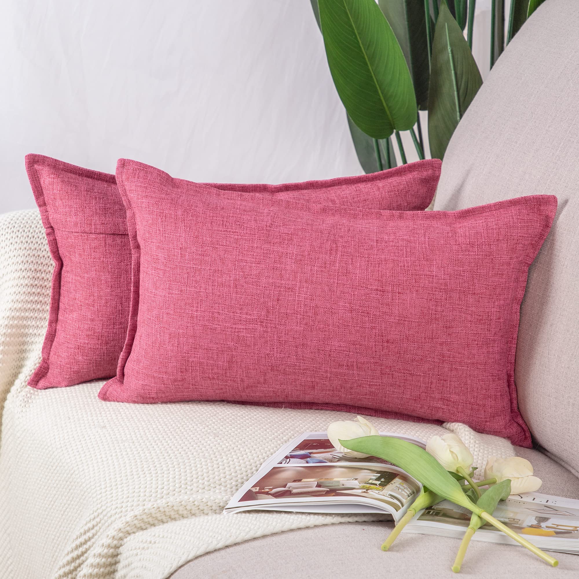 Madizz Set of 2 Faux Linen Cushion Covers 12x20 inch, 30x50 cm, Pink Soft Decorative Couch Pillows for Bed Pillowcases for Sofa Livingroom Home Decor
