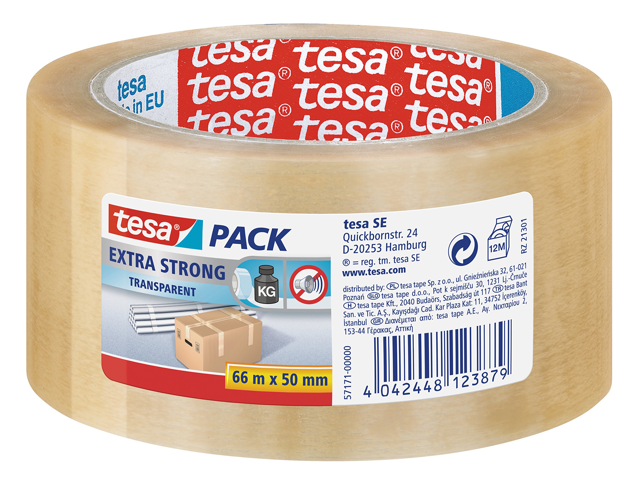 tesa Extra Strong PVC Packing Tape for Packing Heavy Parcels and Boxes, Clear, 66 m x 50 mm